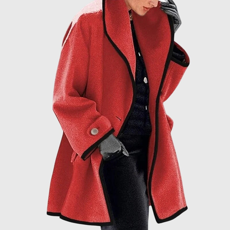 Maria™ red fleece jacket with black trim, open front, long sleeves, button cuff