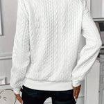 Women\u2019s back view half-zip cable-knit pullover sweater in white, long sleeves