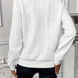 Women\u2019s back view half-zip cable-knit pullover sweater in white, long sleeves