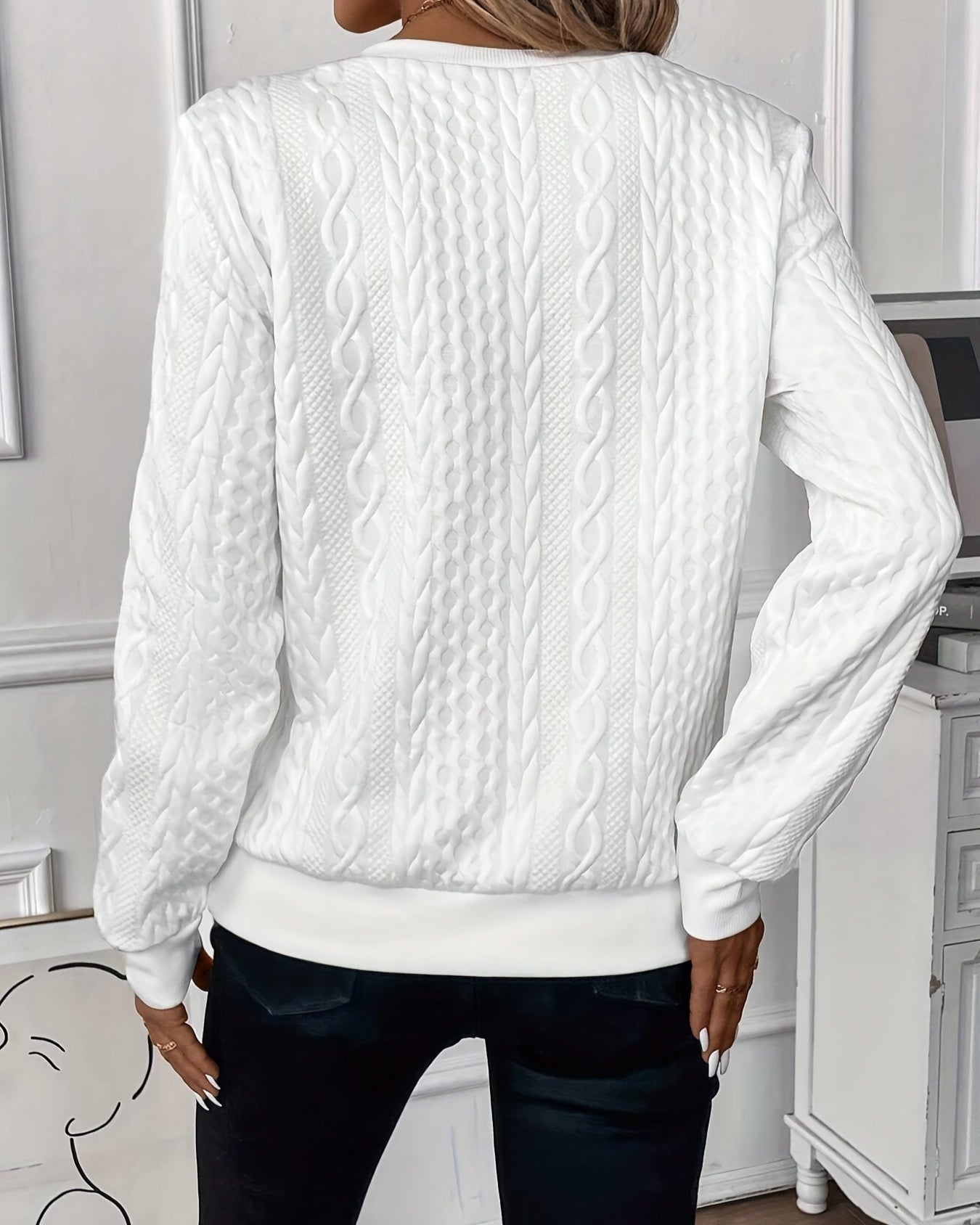 Women\u2019s back view half-zip cable-knit pullover sweater in white, long sleeves