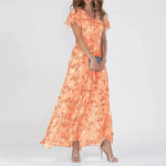 Aurelia orange floral midi dress with V-neck, short ruffled sleeves, tiered skirt