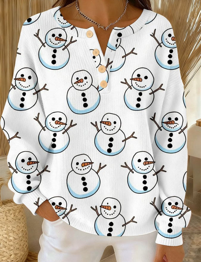 Kids' white long-sleeve shirt with snowman faces and light blue accents, button placket