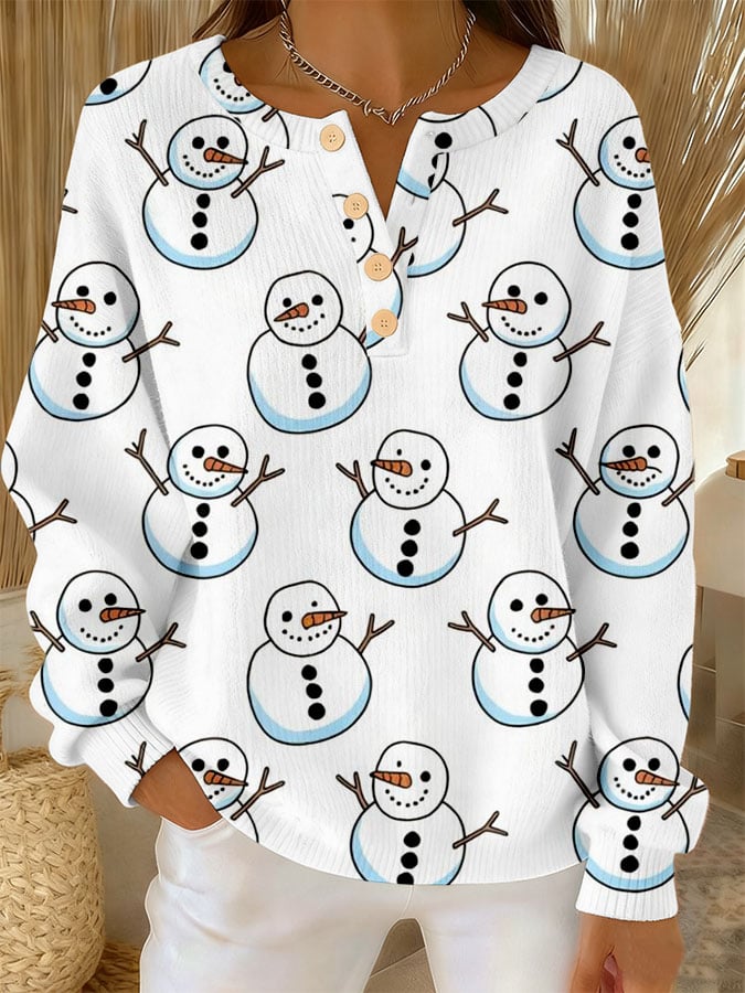 Kids' white long-sleeve shirt with snowman faces and light blue accents, button placket