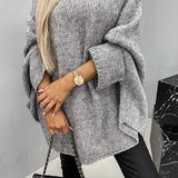Women’s round-neck knit sweater, medium gray, long sleeves with relaxed cuffs