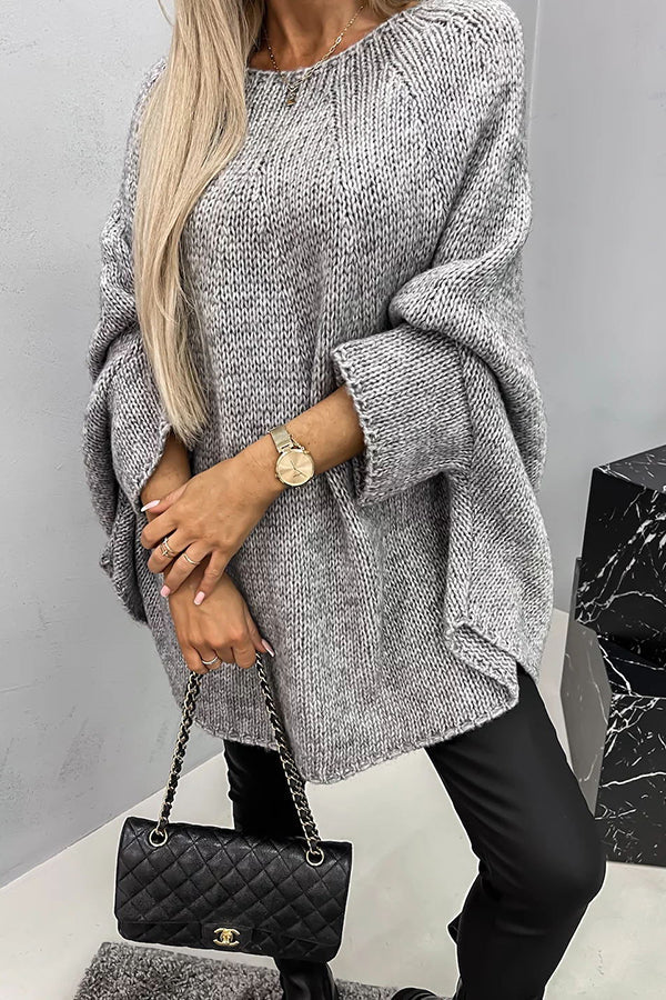 Women’s round-neck knit sweater, medium gray, long sleeves with relaxed cuffs