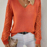 Rosa™ orange V-neck knit pullover with long openwork sleeves