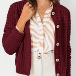 Womens knit cardigan with button front, burgundy textured knit and long sleeves