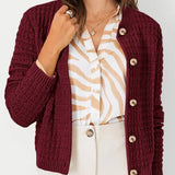 Womens knit cardigan with button front, burgundy textured knit and long sleeves