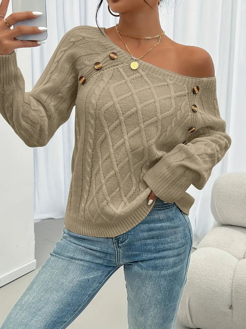 Cable-knit long-sleeve sweater, beige, one-shoulder drape with gold button at neckline