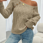 Cable-knit long-sleeve sweater, beige, one-shoulder drape with gold button at neckline