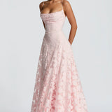 Pink lace max dress with fitted corset bodice, spaghetti straps, full skirt