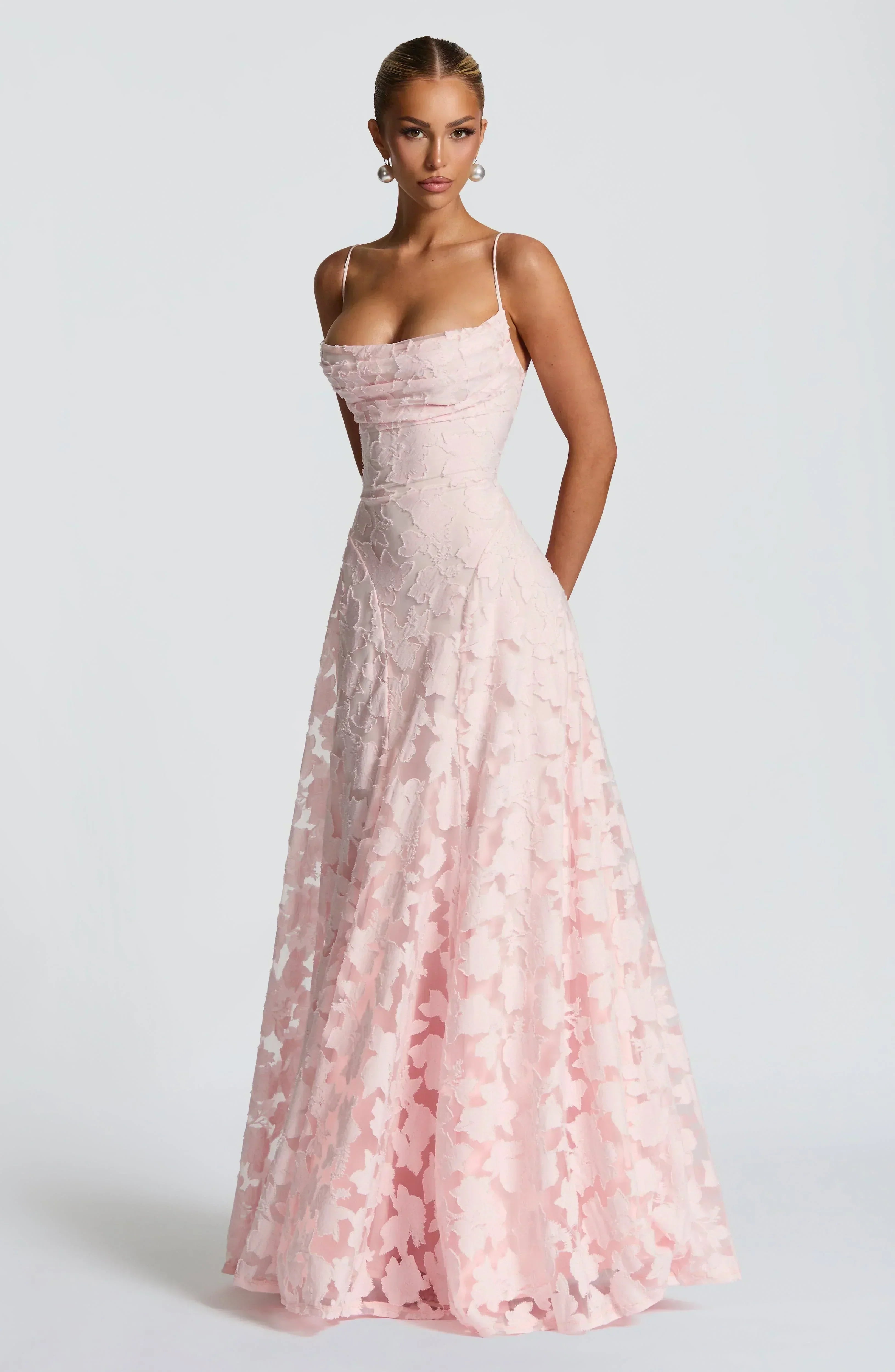 Pink lace max dress with fitted corset bodice, spaghetti straps, full skirt