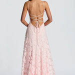Pink lace max dress, crisscross open back with ribbon lace-up, spaghetti straps
