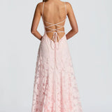 Pink lace max dress, crisscross open back with ribbon lace-up, spaghetti straps