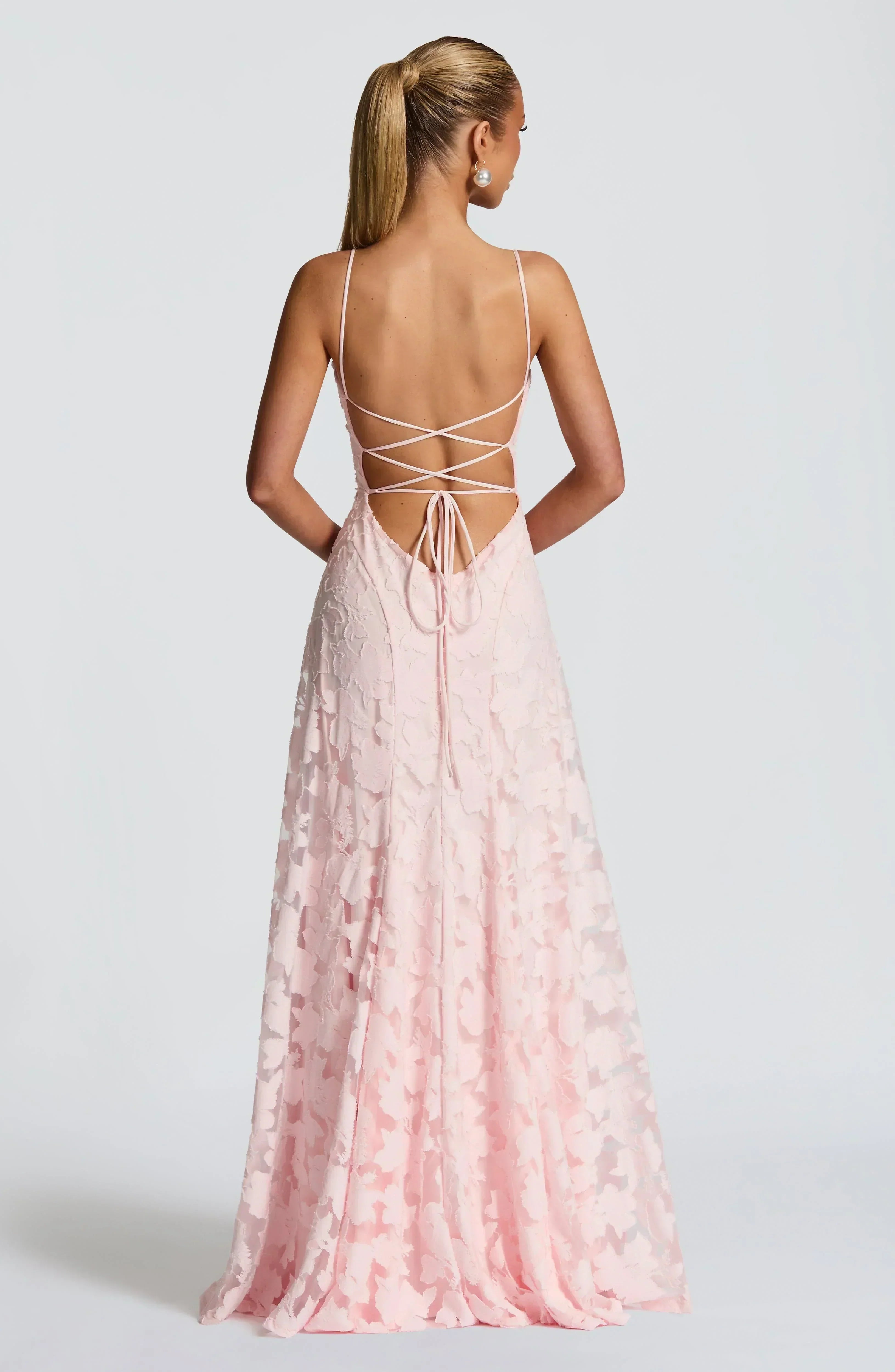 Pink lace max dress, crisscross open back with ribbon lace-up, spaghetti straps