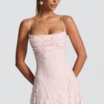 Dusty rose lace maxi dress with spaghetti straps and textured corset-style bodice