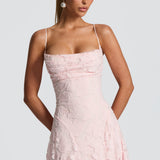 Dusty rose lace maxi dress with spaghetti straps and textured corset-style bodice