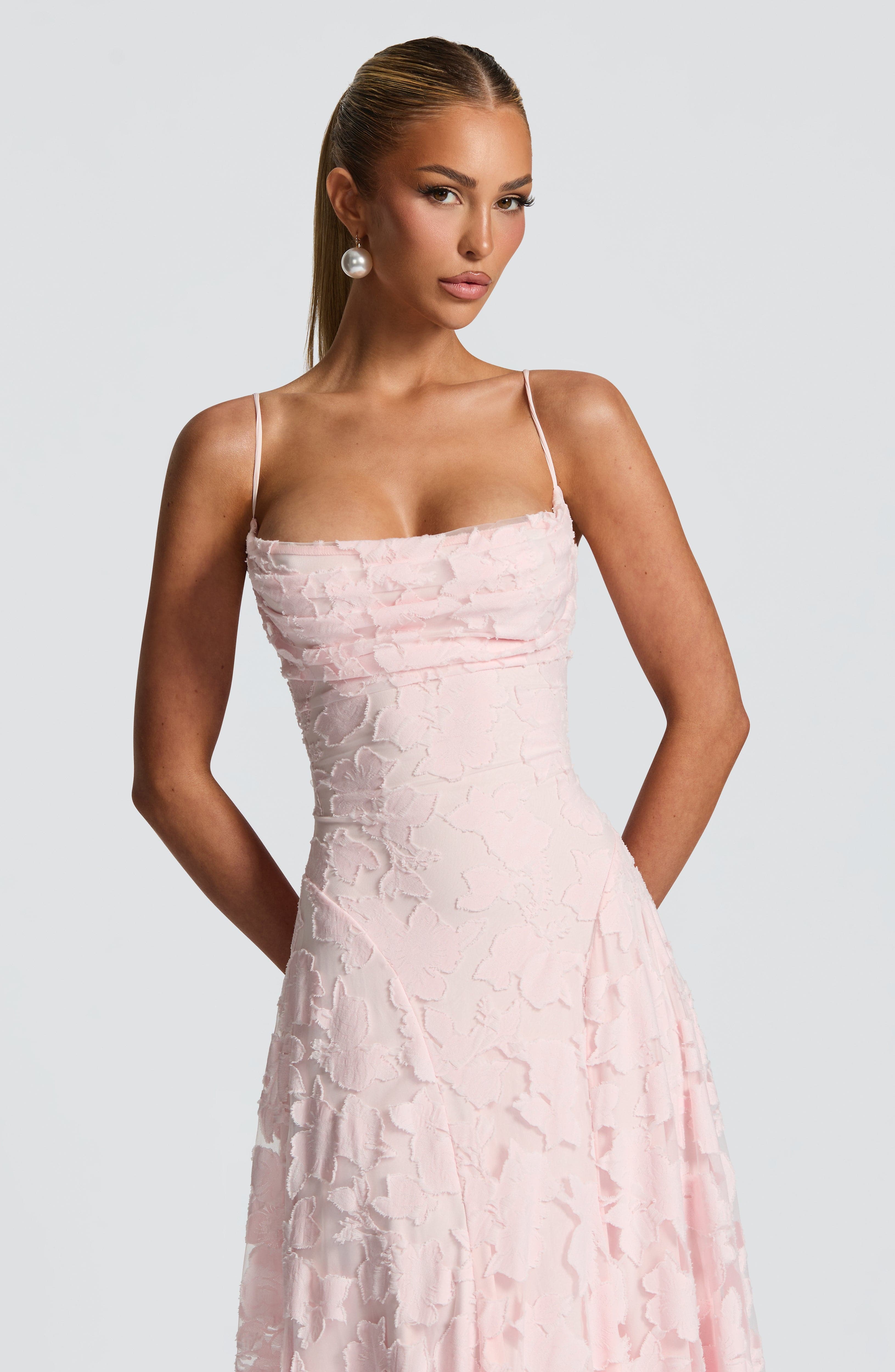 Dusty rose lace maxi dress with spaghetti straps and textured corset-style bodice