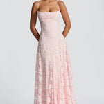 Dusty rose lace maxi dress with spaghetti straps and fitted ruched bodice