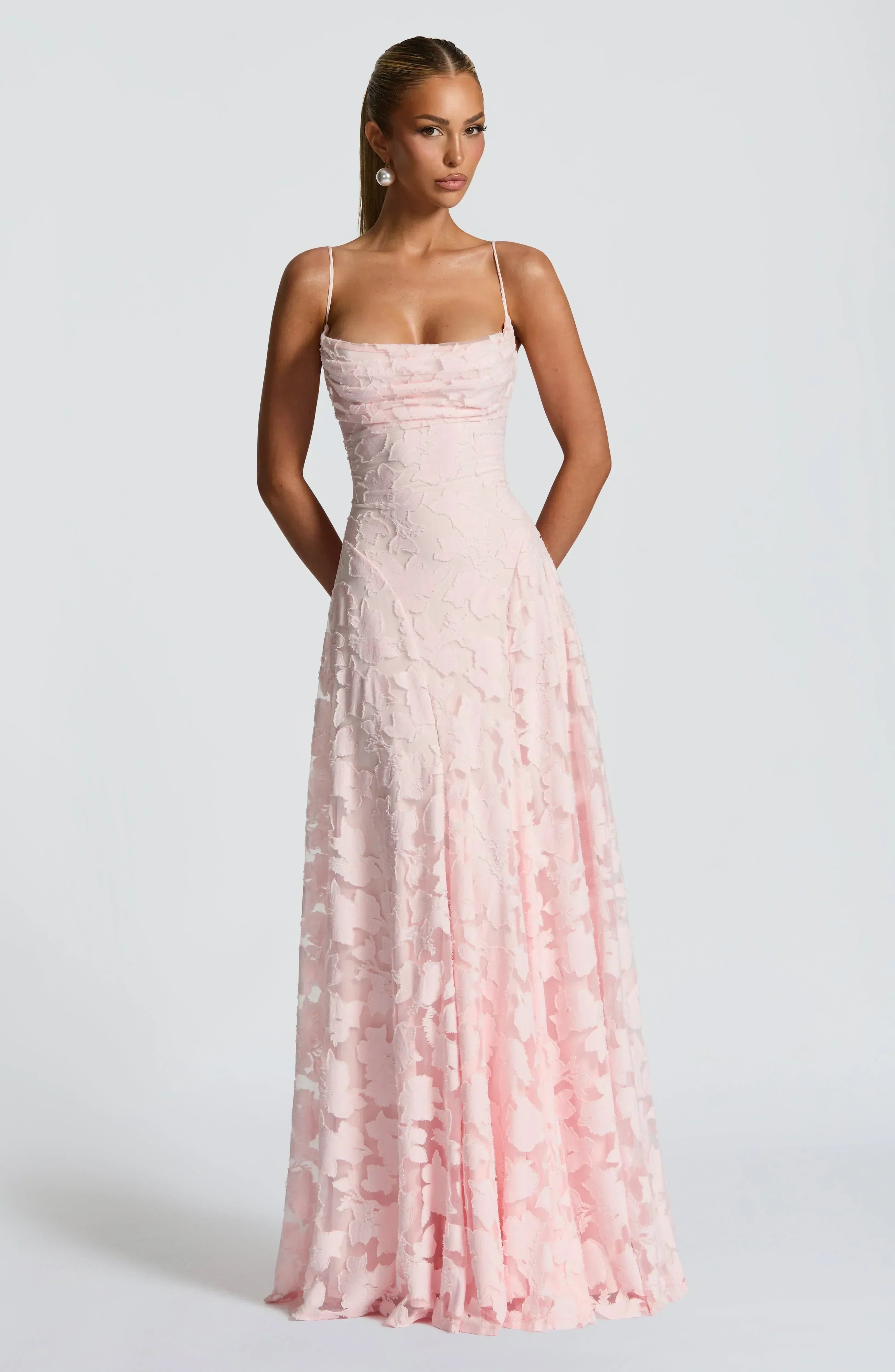 Dusty rose lace maxi dress with spaghetti straps and fitted ruched bodice