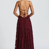 Backless burgundy lace maxi dress with crisscross spaghetti straps at the back