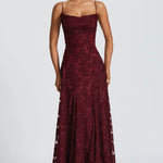 Burgundy lace maxi dress with spaghetti straps and sweetheart neckline, ruched bodice