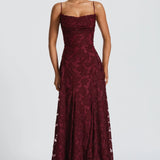 Burgundy lace maxi dress with spaghetti straps and sweetheart neckline, ruched bodice