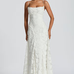 Ivory lace maxi dress with spaghetti straps and fitted corset bodice