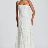 Ivory lace maxi dress with spaghetti straps and fitted corset bodice