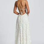 Backless ivory lace maxi dress with crisscross spaghetti straps at the back