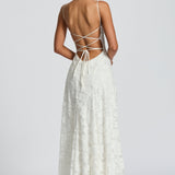 Backless ivory lace maxi dress with crisscross spaghetti straps at the back