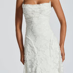 Ivory lace maxi dress with spaghetti straps and textured sweetheart bust