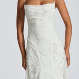 Ivory lace maxi dress with spaghetti straps and textured sweetheart bust