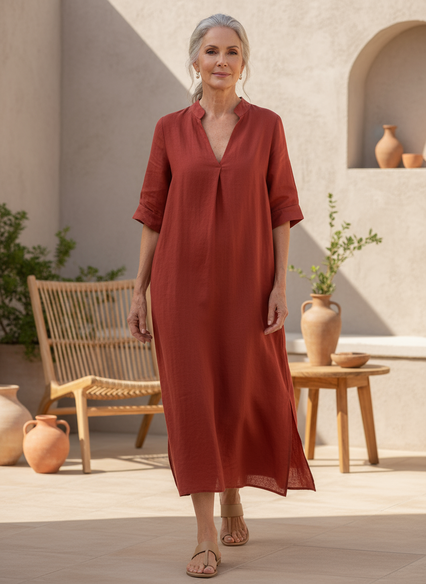 Rust red casual shirt dress with V-neck and short sleeves, relaxed fit, side slit