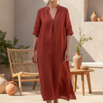 Rust red casual shirt dress with V-neck and short sleeves, relaxed fit, side slit