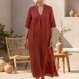 Rust red casual shirt dress with V-neck and short sleeves, relaxed fit, side slit