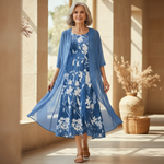 Blue floral dress set with open-front draped cardigan, knee-length fit