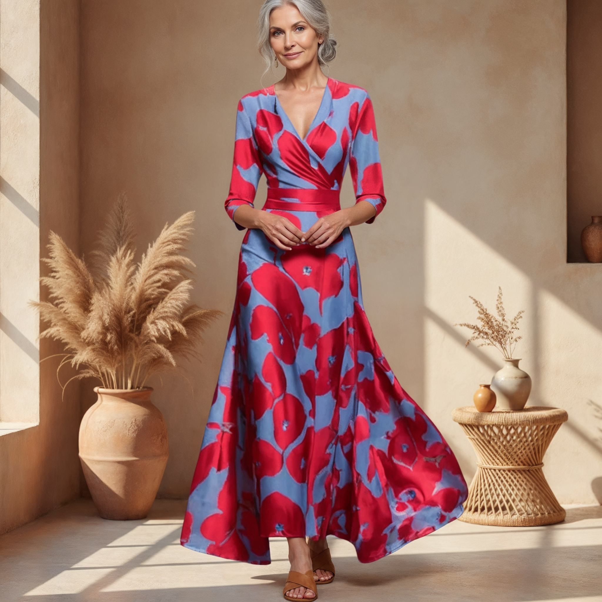 Saffie printed wrap dress, red and blue floral abstract, 3/4 sleeves
