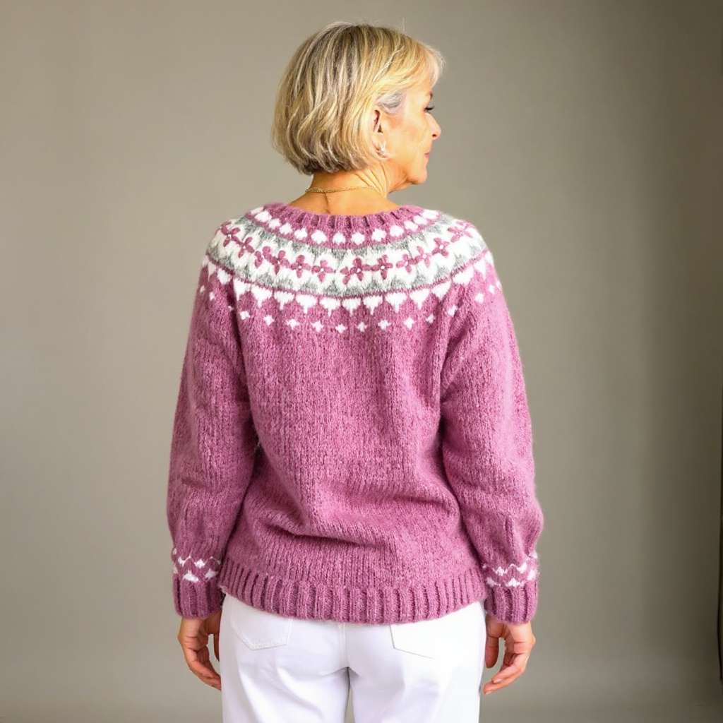 Vintage Icelandic cardigan, mauve purple with fair isle yoke pattern, back view