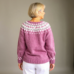 Vintage Icelandic cardigan, mauve purple with fair isle yoke pattern, back view