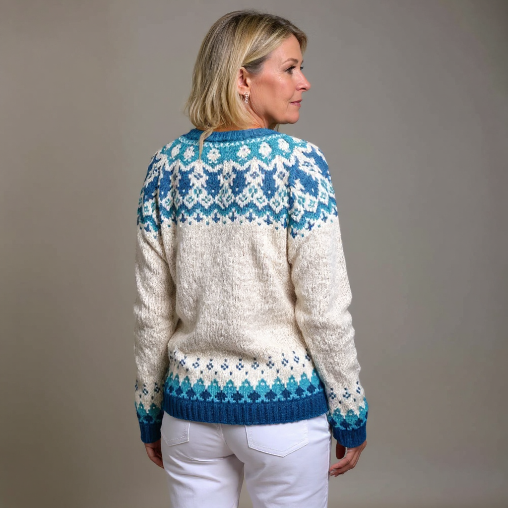 Vintage knit cardigan, fair isle pattern in blue and cream, V-neck, ribbed hem and cuffs