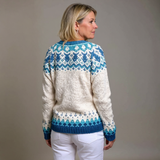 Vintage knit cardigan, fair isle pattern in blue and cream, V-neck, ribbed hem and cuffs