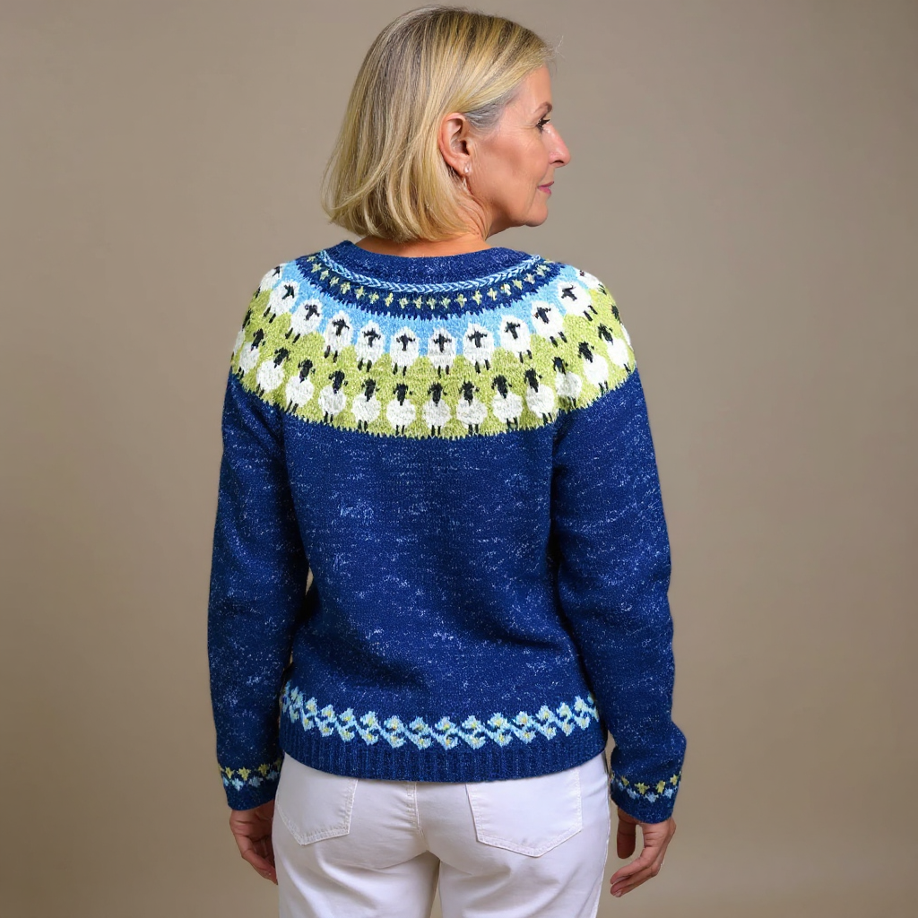 Vintage Icelandic cardigan back, blue knit with sheep yoke pattern and ribbed hem