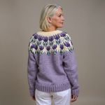 Vintage Icelandic knit cardigan back, lilac knit with purple tie-dye yoke pattern