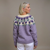 Vintage Icelandic knit cardigan back, lilac knit with purple tie-dye yoke pattern