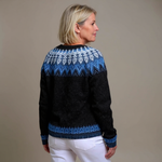 Vintage handcrafted Icelandic cardigan back, black with blue fair isle yoke and hem band