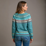 Back-view teal knit sweater with Fair Isle banding across shoulders and sleeves