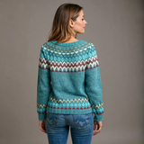Back-view teal knit sweater with Fair Isle banding across shoulders and sleeves