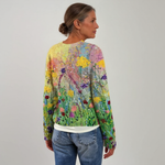 Women’s vintage floral knit sweater, crew neck, long sleeves, multicolor garden print back