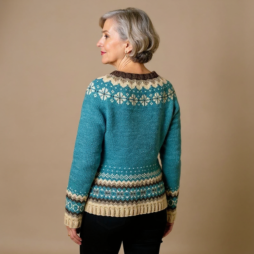 Allaira vintage Icelandic cardigan teal with Fair Isle stripe hem, long sleeves